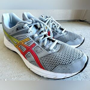 ASICS Women’s Light Gray Mesh Athletic Shoes with Red and Yellow Accents